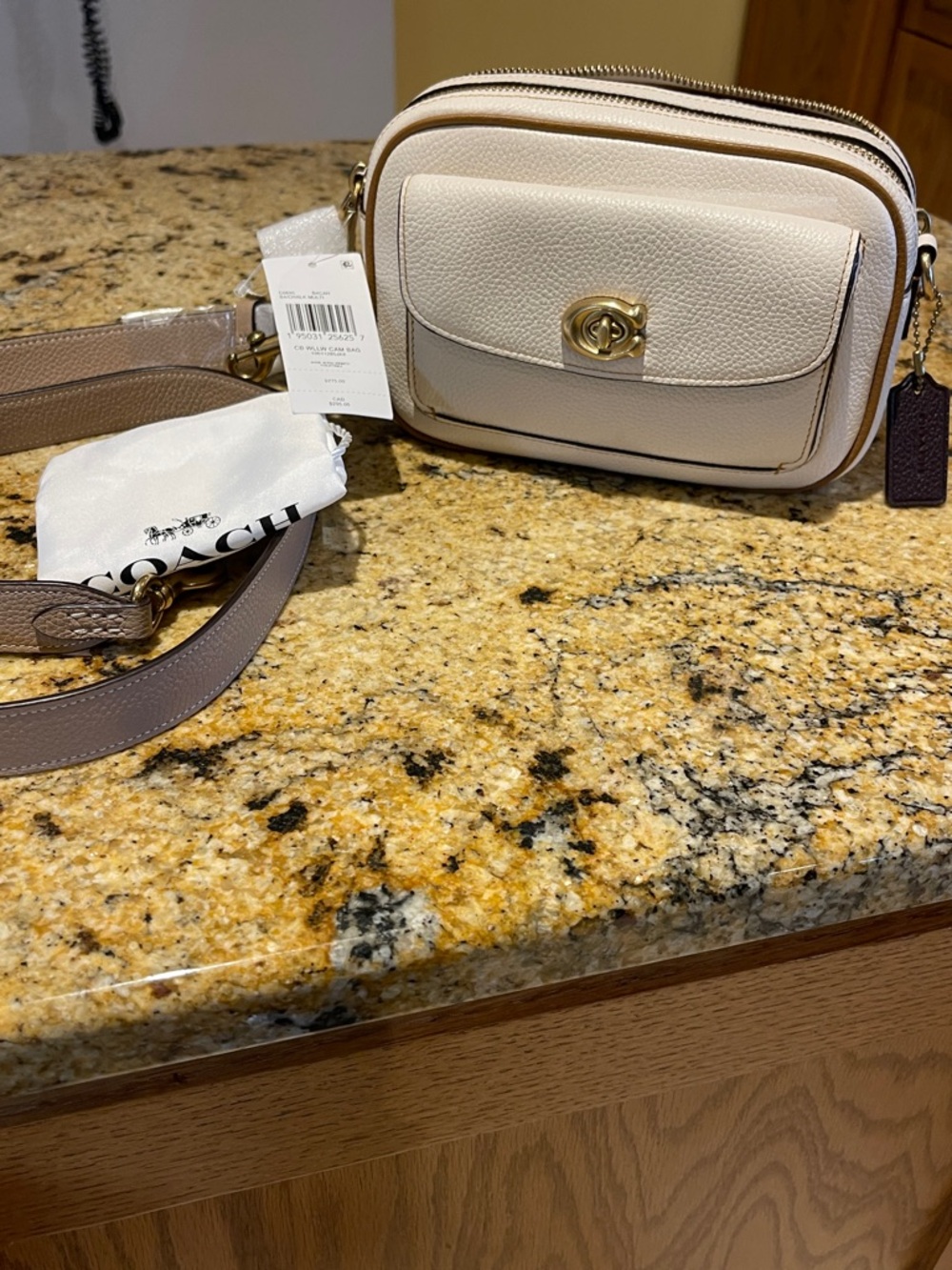 Coach Cream Pebble Leather Crossbody Camera Bag with Gold Hardware